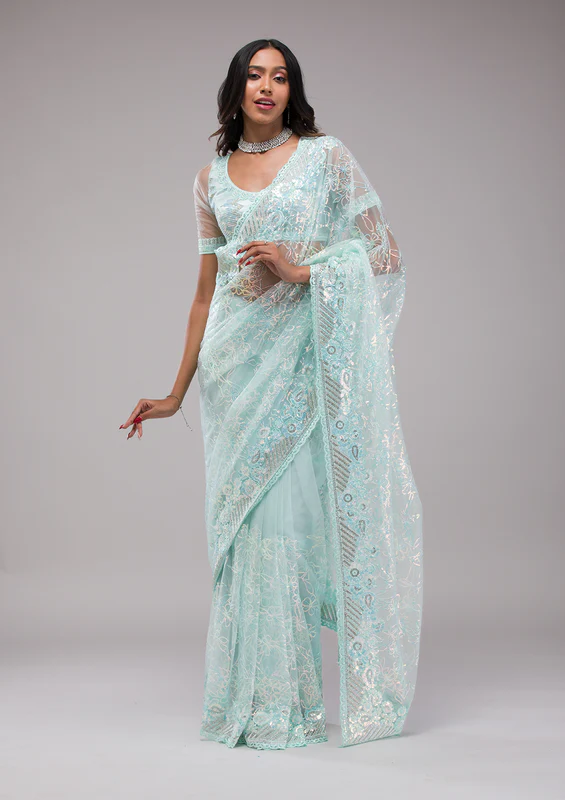 Sky Blue Sequins Net Saree